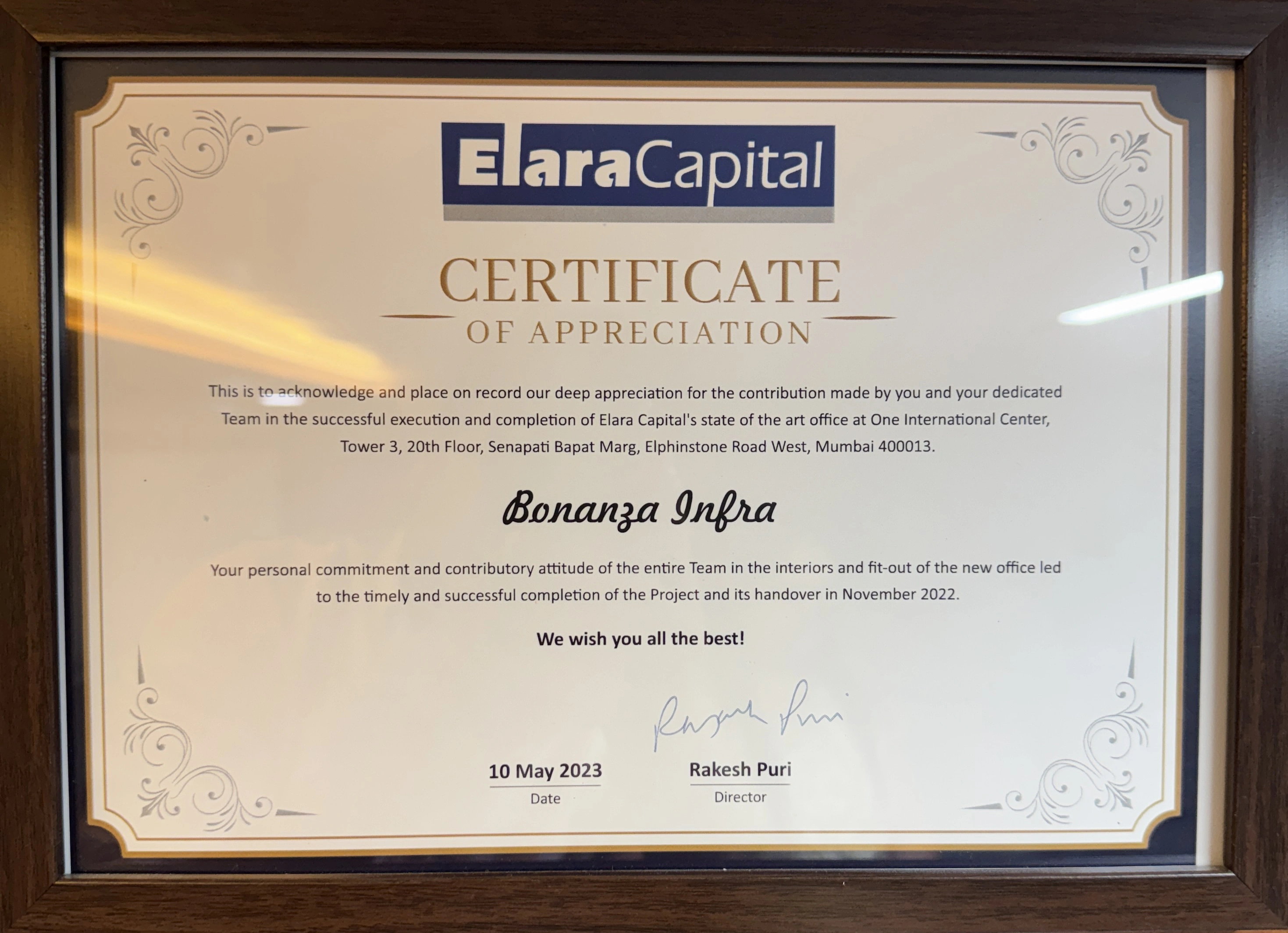 Elara Capital Certificate of Appreciation